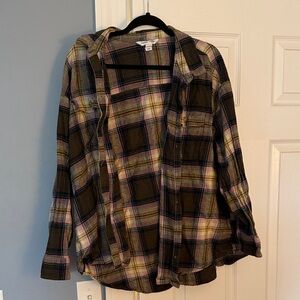 Old Navy Olive Green Plaid Button-Down Shirt with Pink and Cream Accents